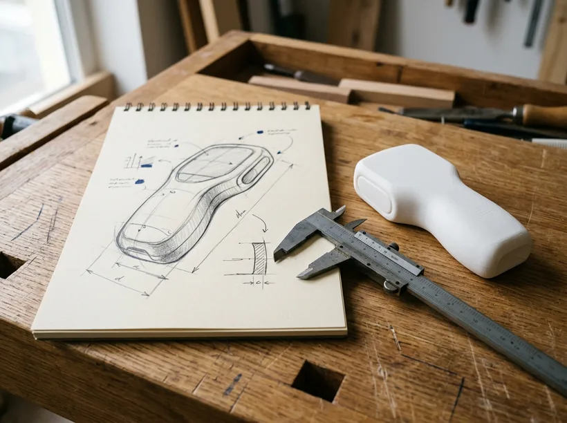 Productschets op papier naast een wit prototype en een schuifmaat op een werkbank