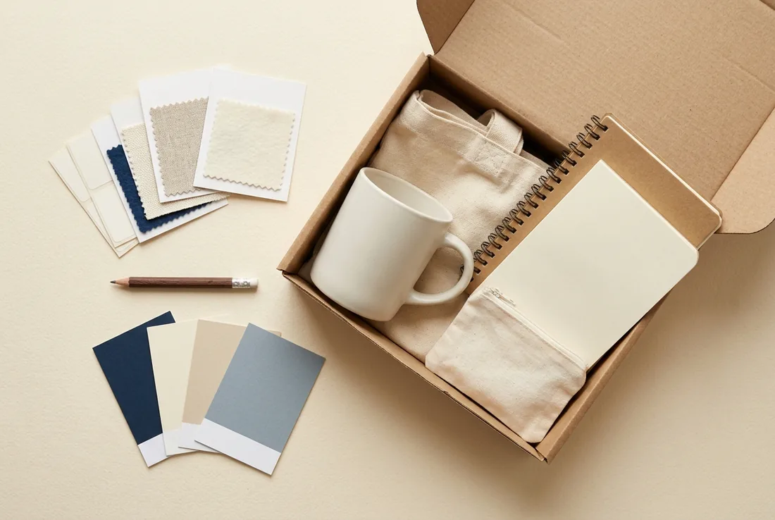 Productsamples, stofstalen en kleurkaarten in een kraft sampledoos op een werktafel
