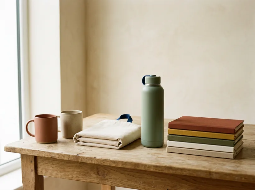 Stilleven van blanco productsamples: mokken, canvastas, drinkfles en notitieboeken